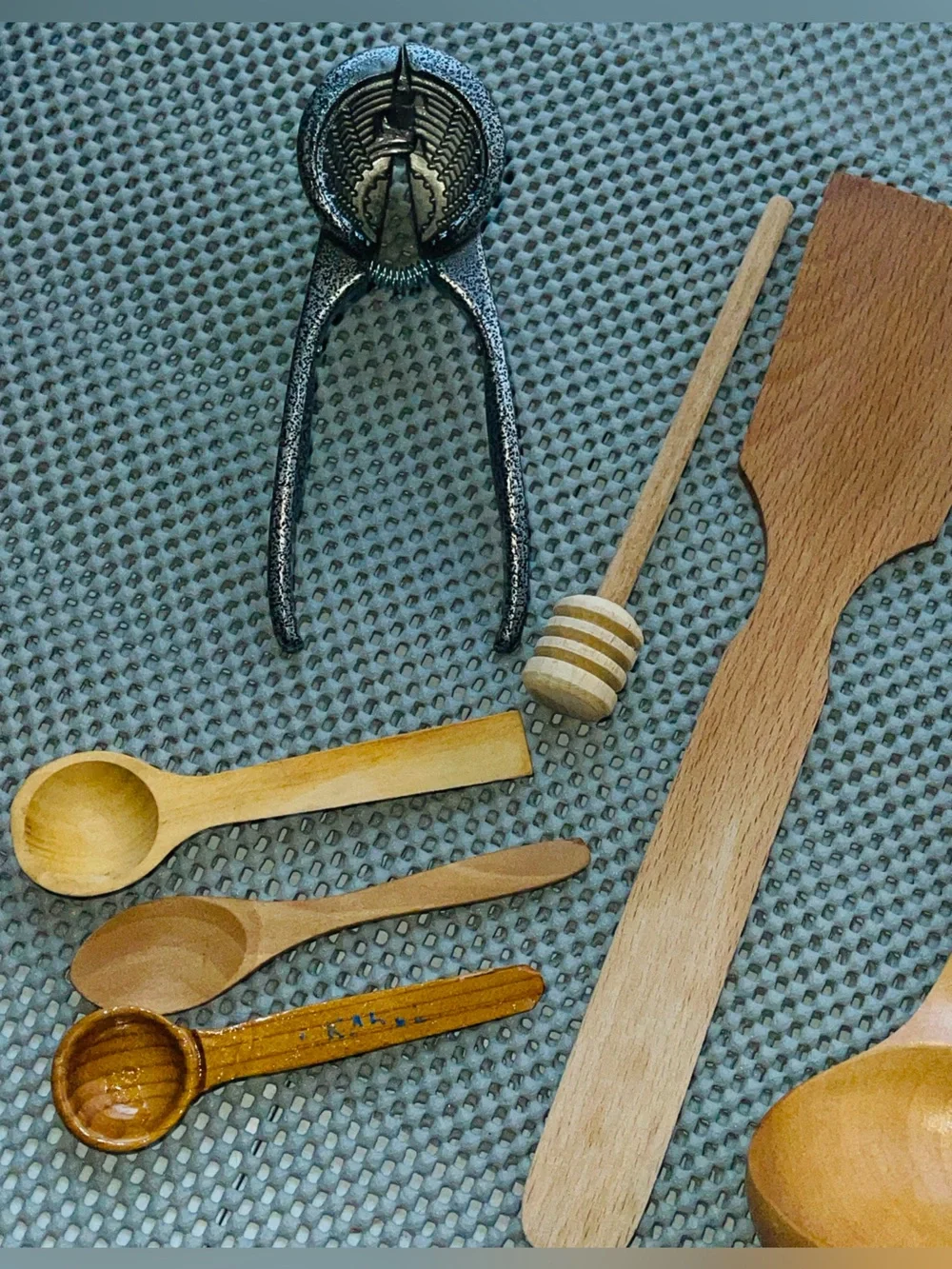 Colorful Silicone & Bamboo Kitchen Utensil Set & Metal Spring-Loaded Nut Cracker